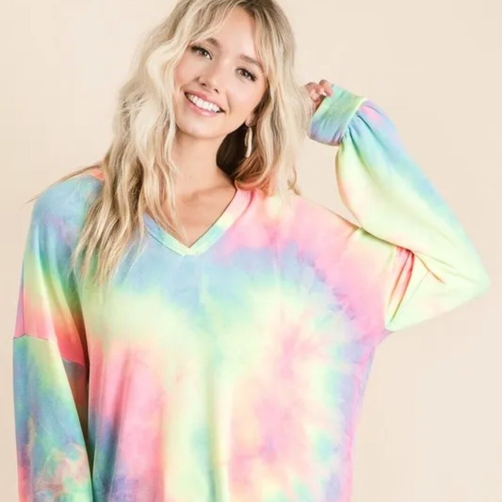 BiBi Tie Dye French Terry Top With Balloon Sleeves